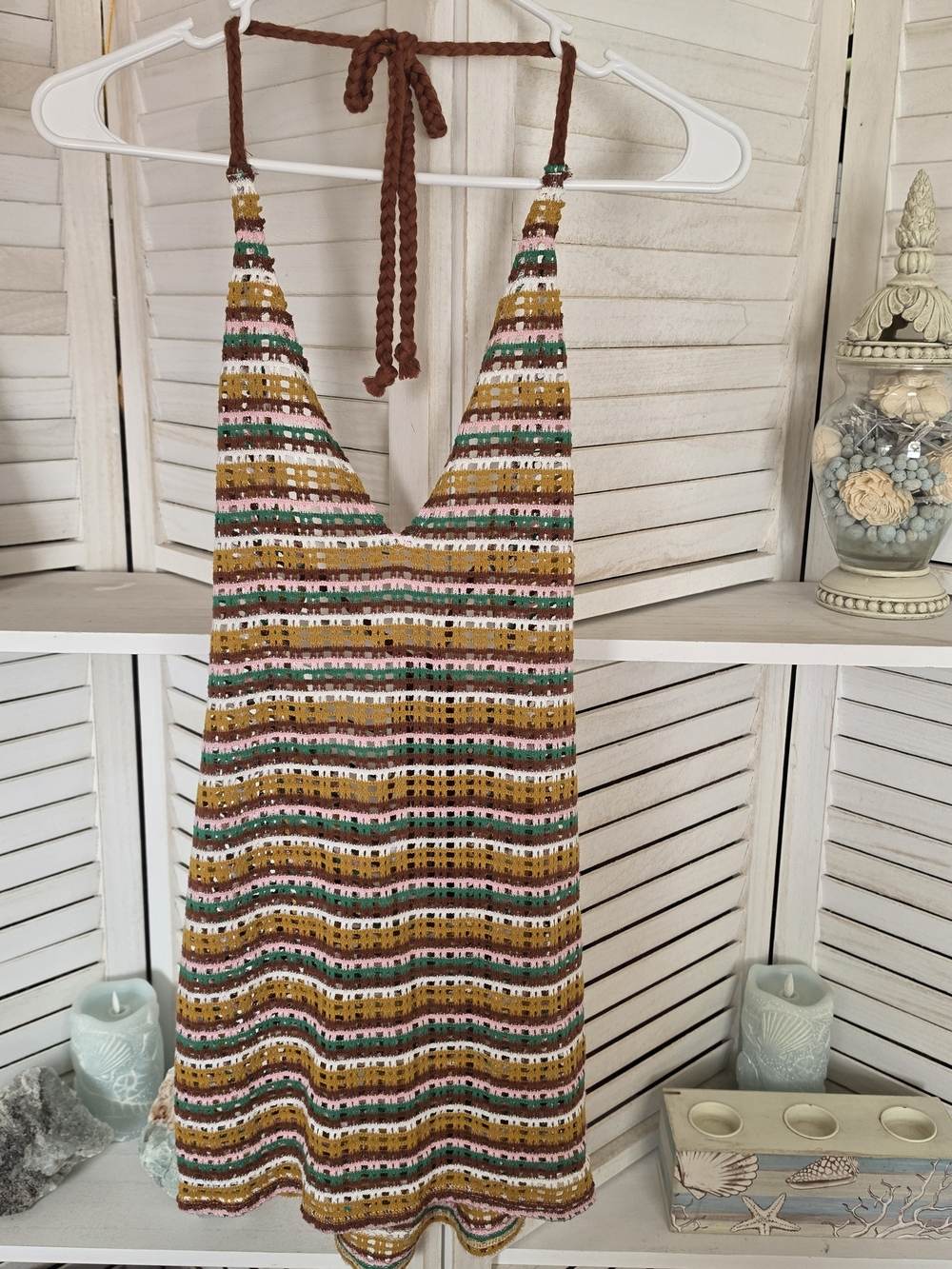 Wild Fable Striped Halter Knit Mini Dress Coverup Mustard Pink Green Size S